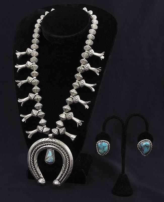 Appraisal: SQUASH BLOSSOM NECKLACE AND TURQUOISE EARRINGS Traditional squash blossom necklace