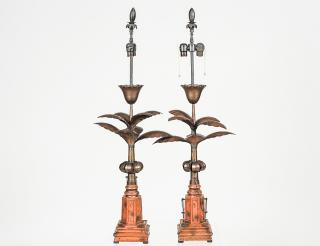 Appraisal: PAIR OF PAINTED METAL AND WOOD LAMPS Each in the