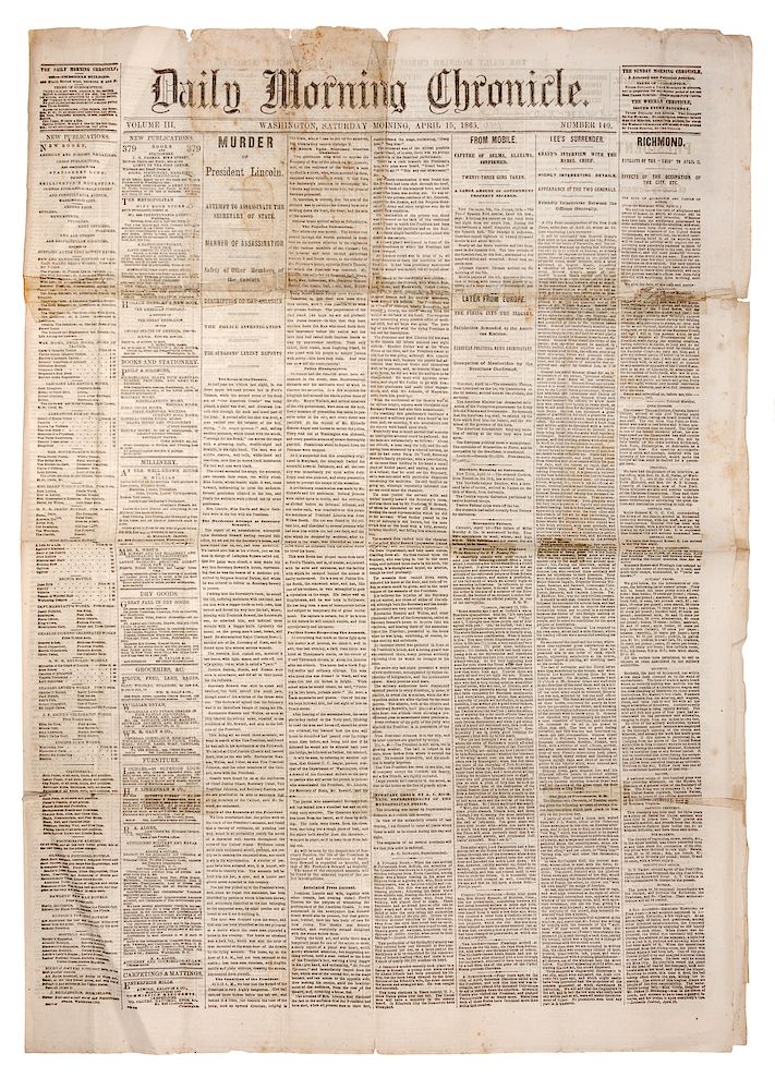 Appraisal: LINCOLN ASSASSINATION Daily Morning Chronicle Vol III Number Washington D