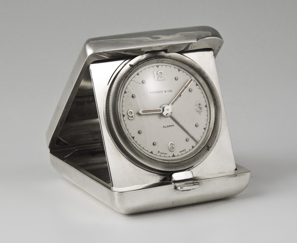 Appraisal: TIFFANY STERLING TRAVEL ALARM CLOCK Sterling case with day alarm