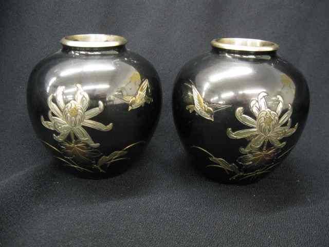 Appraisal: Pair of Japanese Mixed Metal Vases bird floral '' excellent