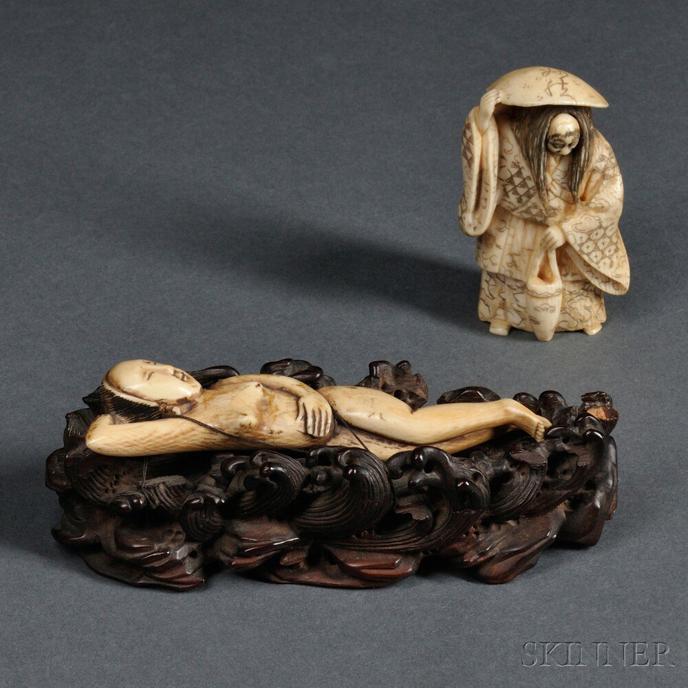 Appraisal: Two Ivory Carvings Japan and China a netsuke carving of