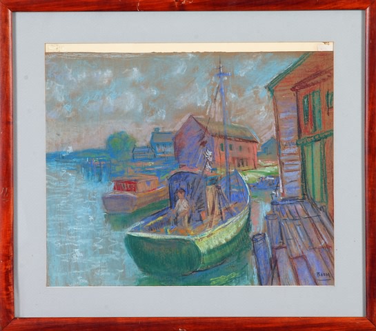 Appraisal: Harbor scene with boats at dock pastel x sight SLR