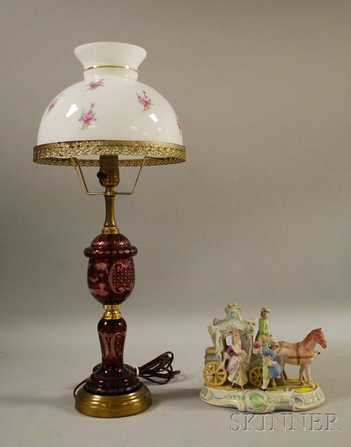 Appraisal: Bohemian Etched Ruby Flash Table Lamp and a Ceramic Figural