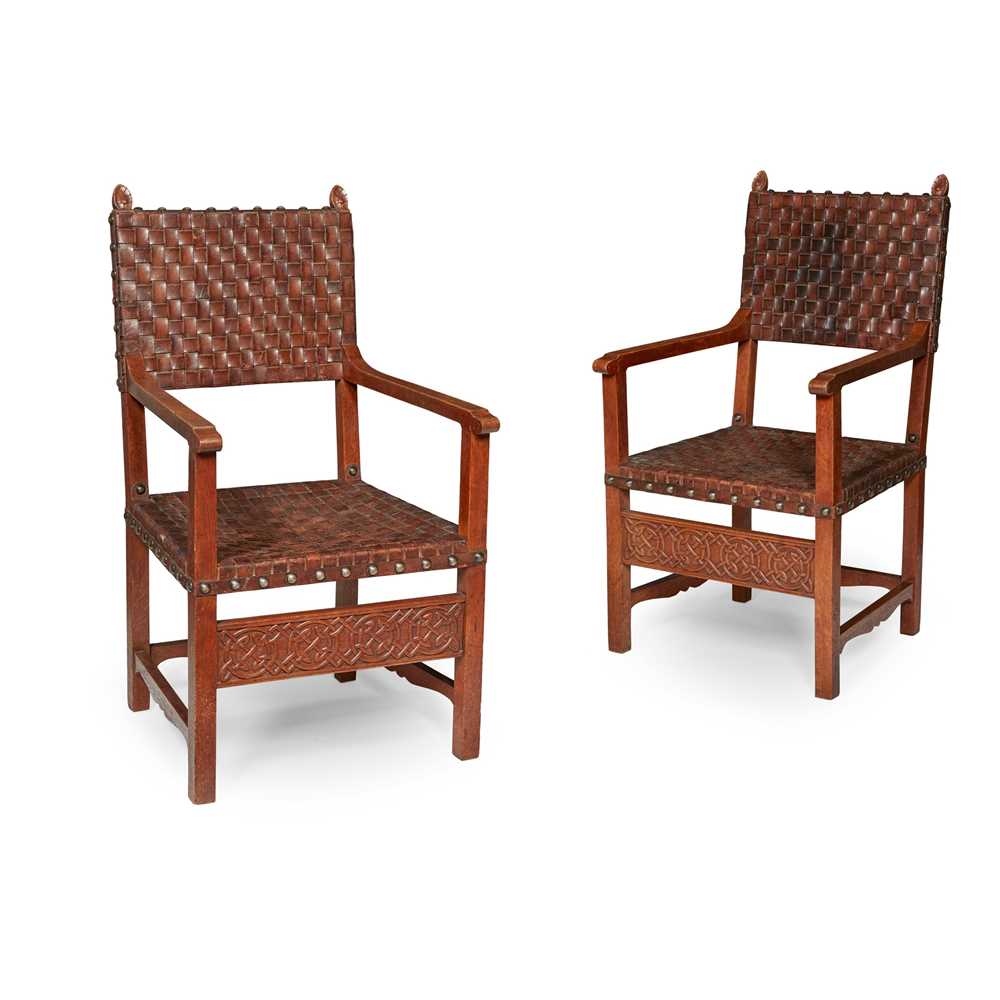 Appraisal: ENGLISH PAIR OF ARTS CRAFTS ARMCHAIRS CIRCA oak with close-nailed