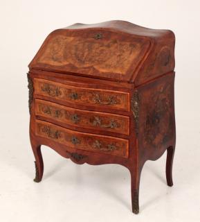 Appraisal: TH C LOUIS XV MARQUETRY INLAID SERPENTINE BOMBE SHAPED BUREAU