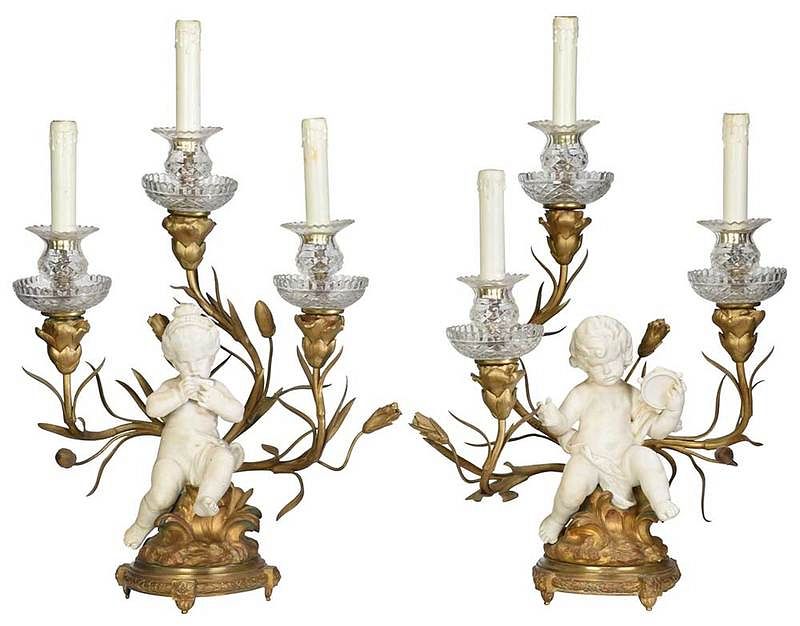 Appraisal: Pair of Figural Ceramic and Gilt Bronze Lamps Continental th