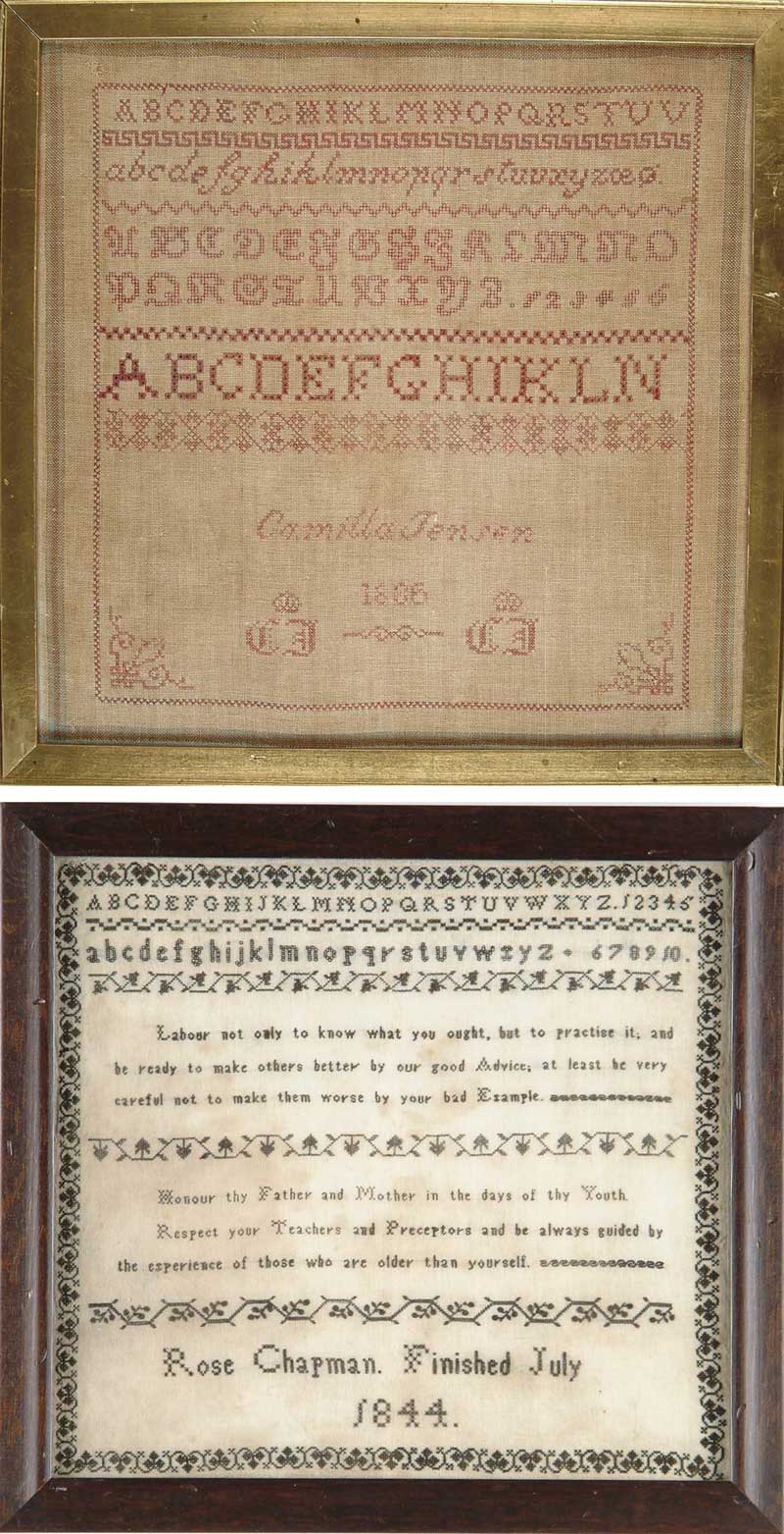 Appraisal: TWO NEEDLEWORK SAMPLERS Needlework sampler by Camilla Jensen The red