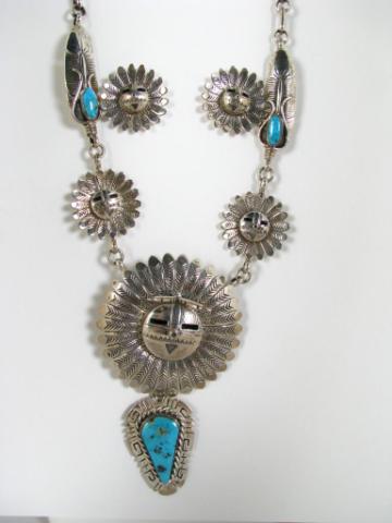 Appraisal: Rare Freddy Charley Kachina Necklace and Matching Earrings with Turquoise