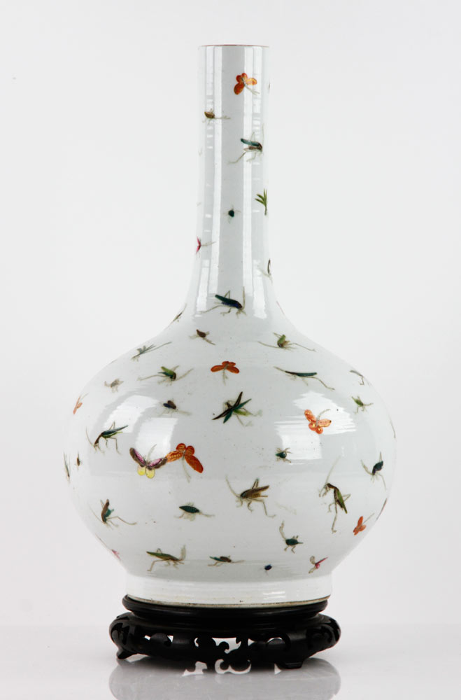 Appraisal: - Chinese Vase Vase on wood stand with colored grasshopper