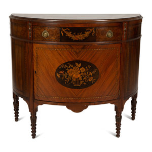 Appraisal: An English Fruitwood and Mahogany Marquetry Demilune Cabinet Circa Height