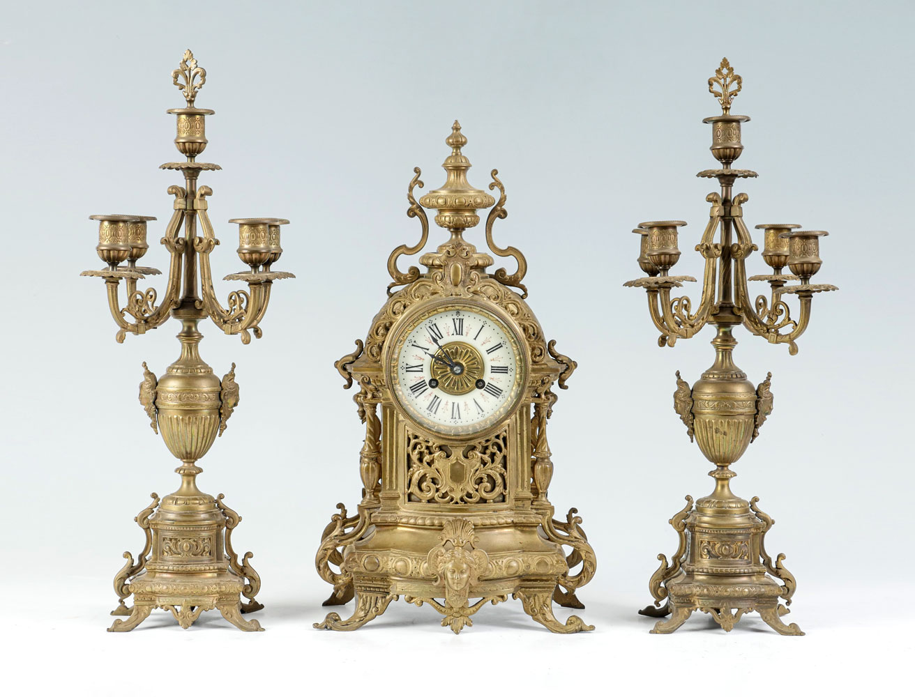 Appraisal: TIFFANY CO GILDED BRONZE CLOCK GARNITURE pc Tiffany Co garniture