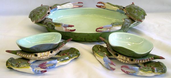 Appraisal: Three-Piece Singing River Pottery Gautier Mississippi Pottery Blue Crab Seafood-Serving