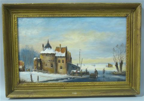 Appraisal: STOCK WINTER PORT SCENE Oil on panel x in Framed