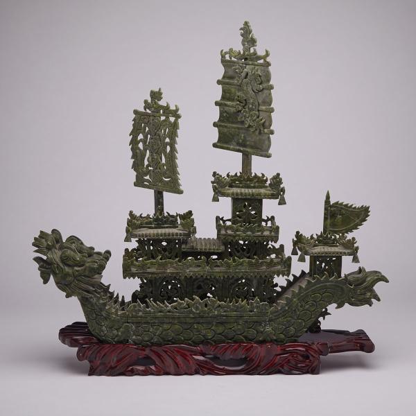 Appraisal: Large Spinach Green Jade Dragon Boat Of large size and