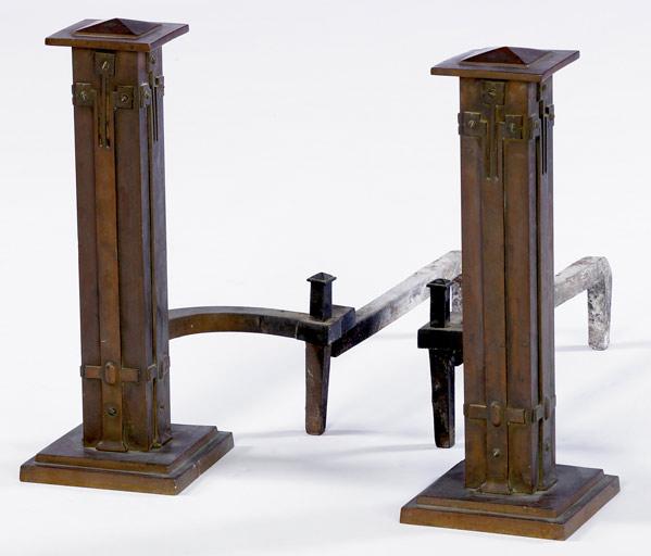 Appraisal: PRAIRIE SCHOOL Pair of copper andirons with geometric riveted motif