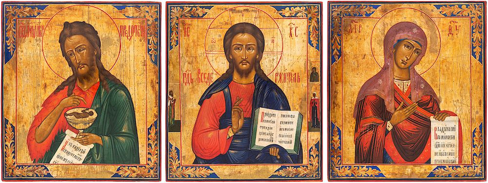 Appraisal: A GROUP OF THREE RUSSIAN ICONS LATE TH CENTURY A