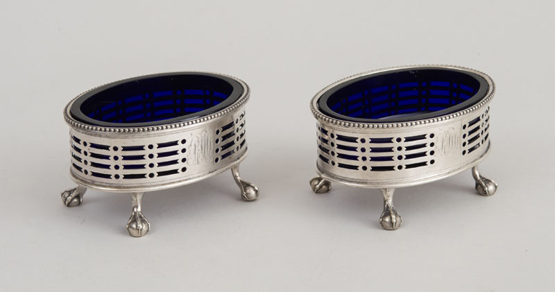 Appraisal: PAIR OF FEDERAL MONOGRAMMED SILVER OVAL SALTS WITH BLUE GLASS