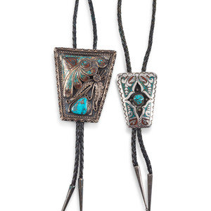 Appraisal: Pair of Navajo Silver Bolo Ties with Turquoise and Coral