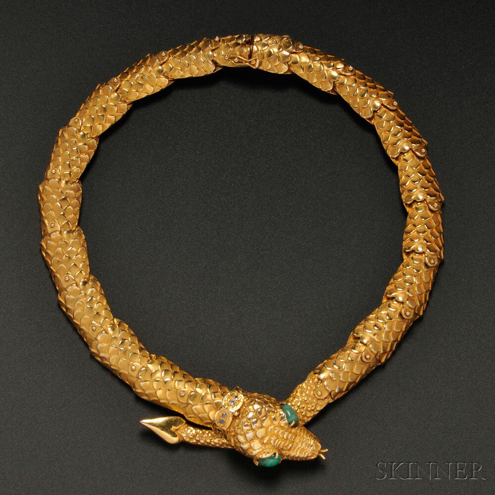 Appraisal: kt Gold Gem-set Snake Necklace Eric de Kolb with green