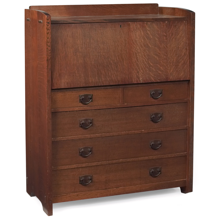 Appraisal: Gustav Stickley desk drop-front form above two half drawers andthree