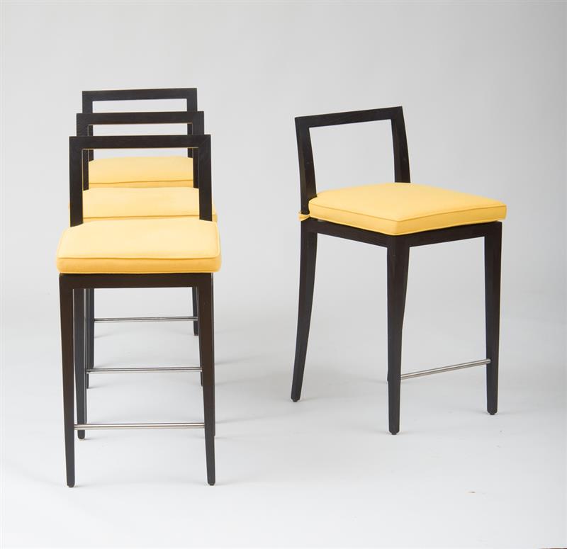 Appraisal: FOUR BAR STOOLS MOD NATURE PARIS Ebonized oak and upholstered