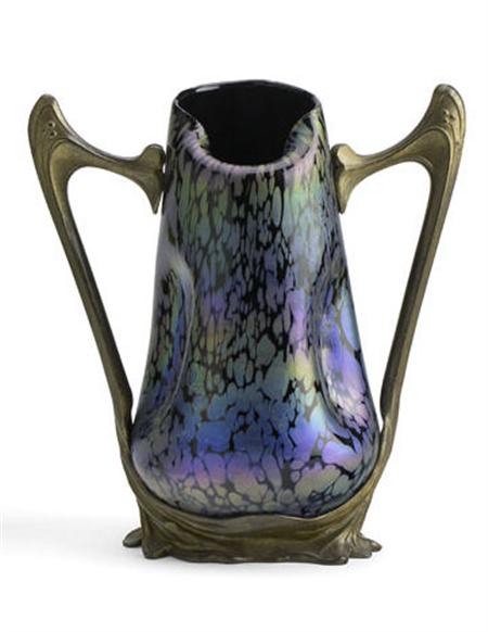 Appraisal: AUSTRIAN ART NOUVEAU TWIN-HANDLEAD VASE CIRCA iridescent glass and giltmetal