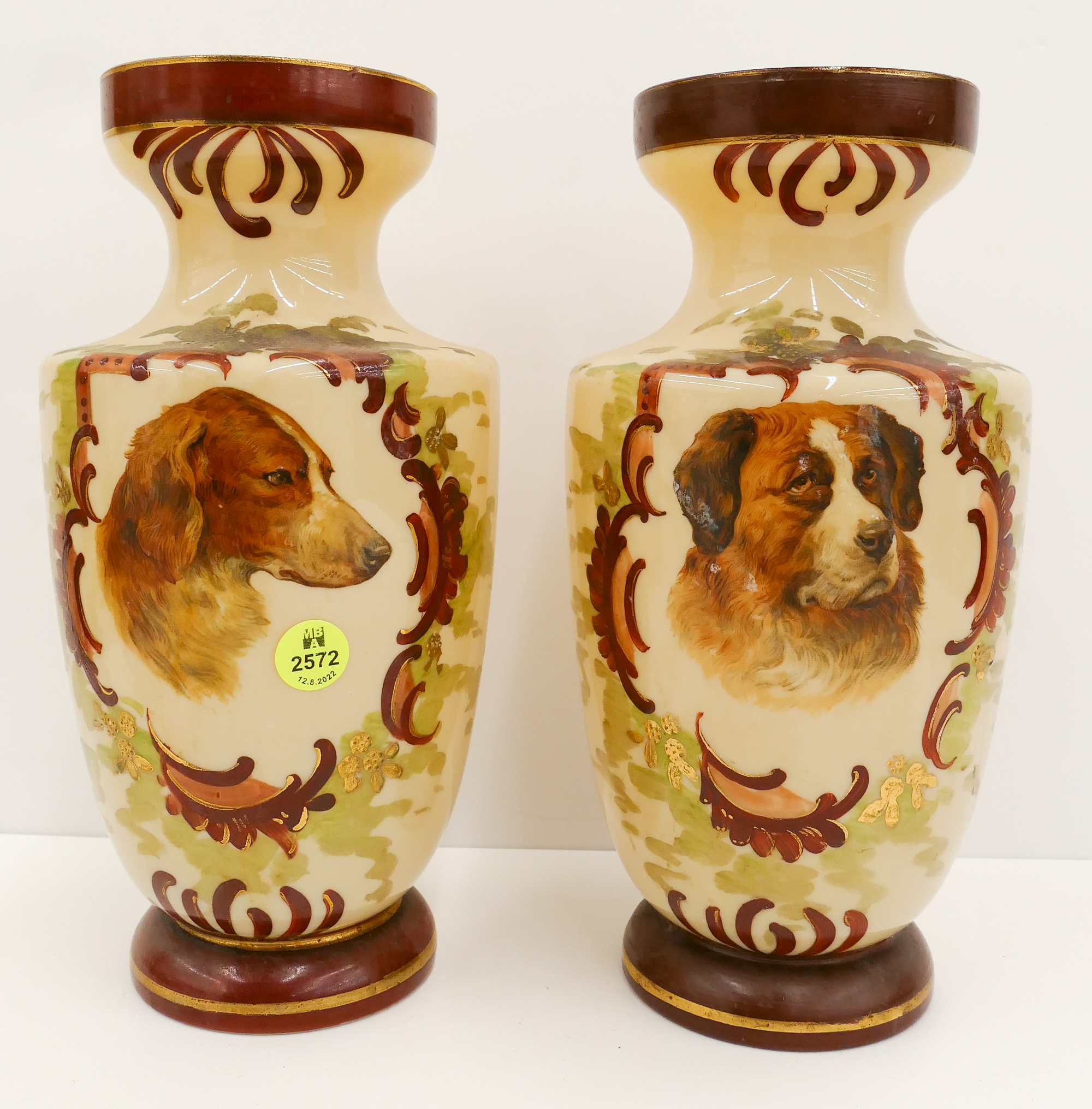 Appraisal: Pair Antique Bristol Glass Dog Portrait Vases- ''