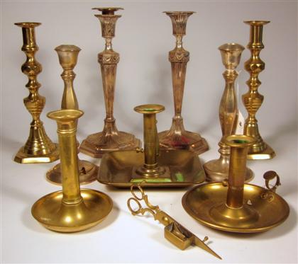 Appraisal: Group of brass candlesticks Comprising three chambersticks one with snuffer