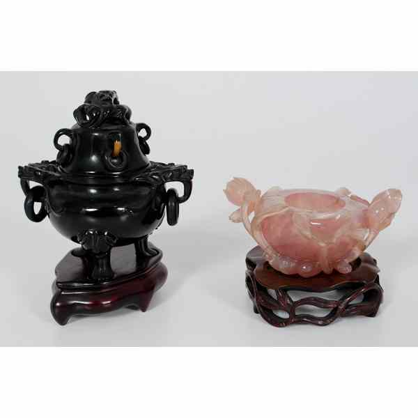 Appraisal: Chinese Rose Quartz Water Coupe and Censor Chinese A rose