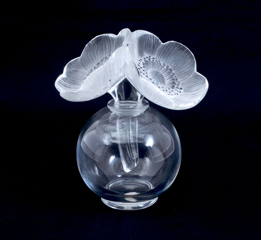 Appraisal: LALIQUE DEUX ANEMONES CLEAR FROSTED PERFUME BOTTLE Clear crystal body