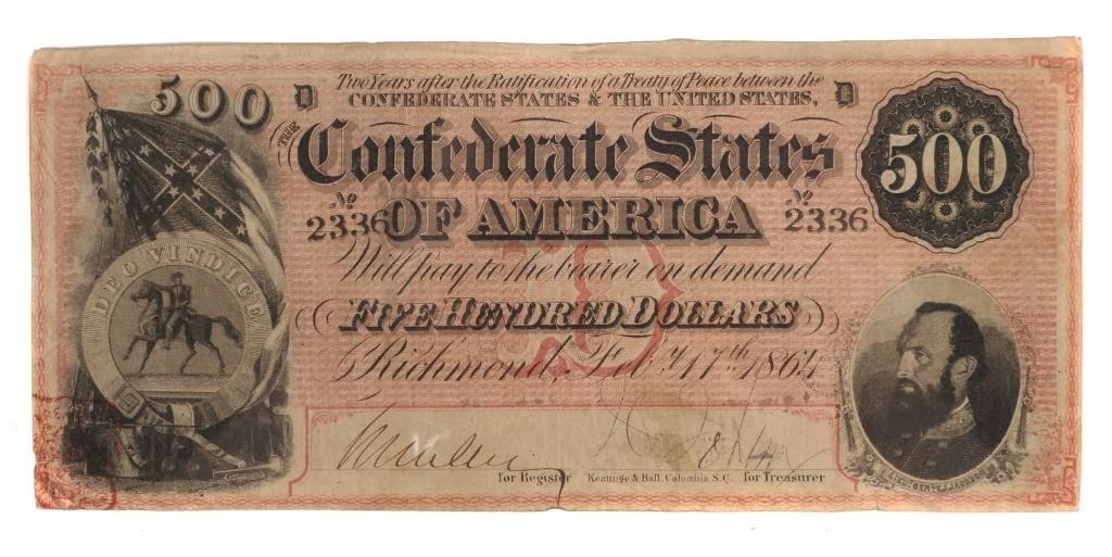 Appraisal: CONFEDERATE STONEWALL JACKSON NOTEHigh-denomination Confederate currency note Complete with no