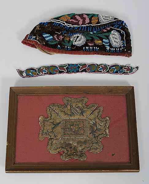 Appraisal: Iroquois Glengary-style Hat and Huron Moosehair Embroidered Box lot of