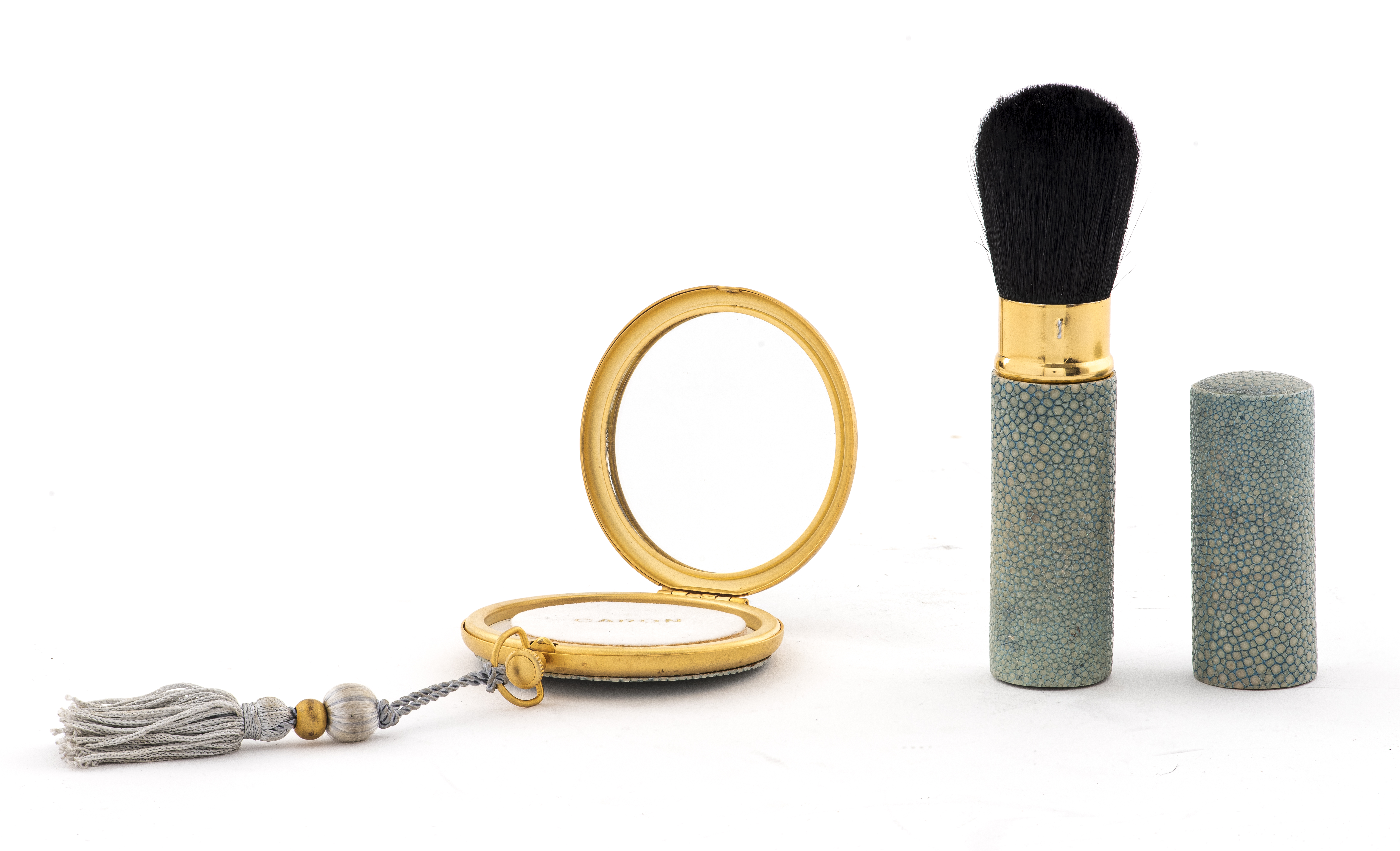 Appraisal: CARON FAUX SHAGREEN COMPACT AND BRUSH Caron Faux shagreen compact