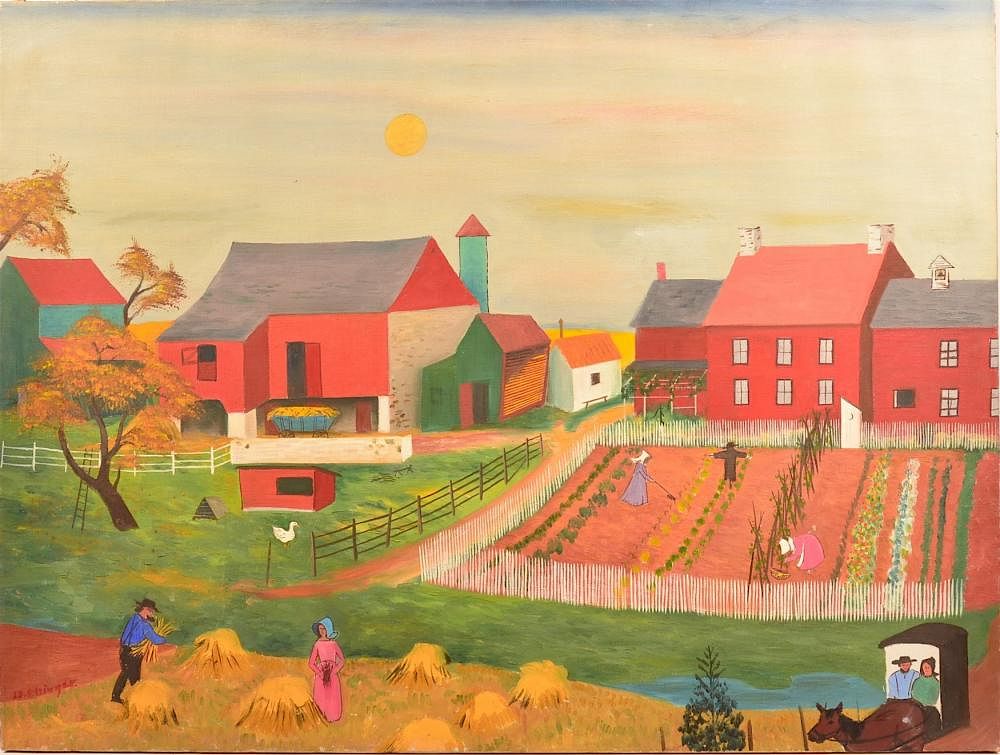 Appraisal: D Ellinger Oil on Canvas of Amish Farm Scene D