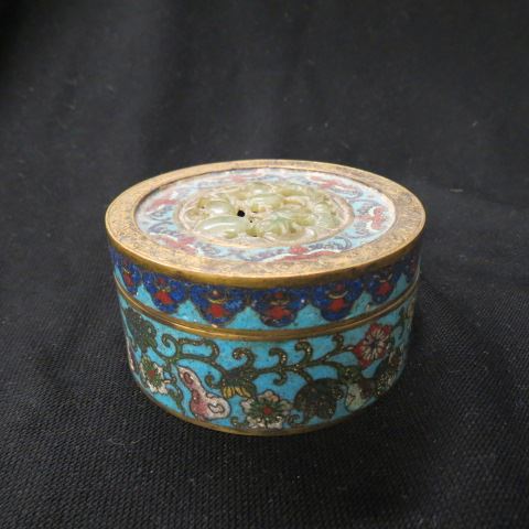 Appraisal: Chinese Carved Jade Cloisonne Box openwork medallion with rats fruit