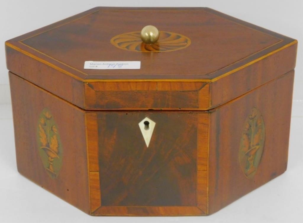 Appraisal: TH CENTURY ENGLISH HEXAGONAL DOUBLE TEA CADDY restored Mahogany inlaid