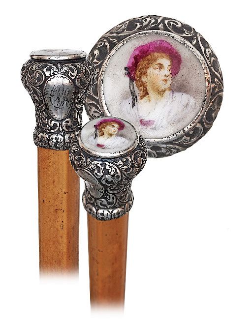 Appraisal: Silver and Porcelain Belle Epoque Cane -Ca -Reversed pear shaped