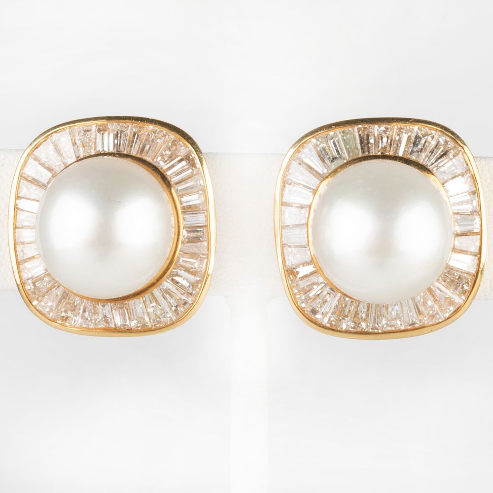 Appraisal: Pair of k Gold Diamond and South Sea Cultured Pearl