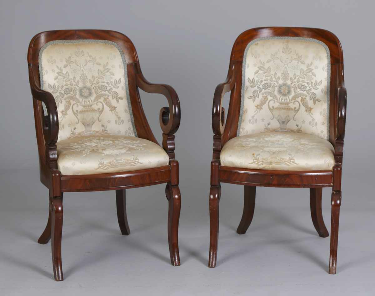 Appraisal: Pair of Classical Empire Mahogany Arm Chairs w Silk Needlework