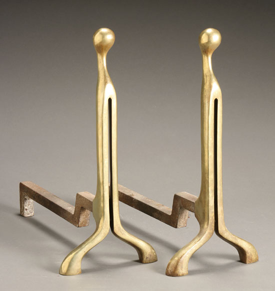 Appraisal: Pair of Mid-Century Modern Brass Andirons Circa Each impressed on