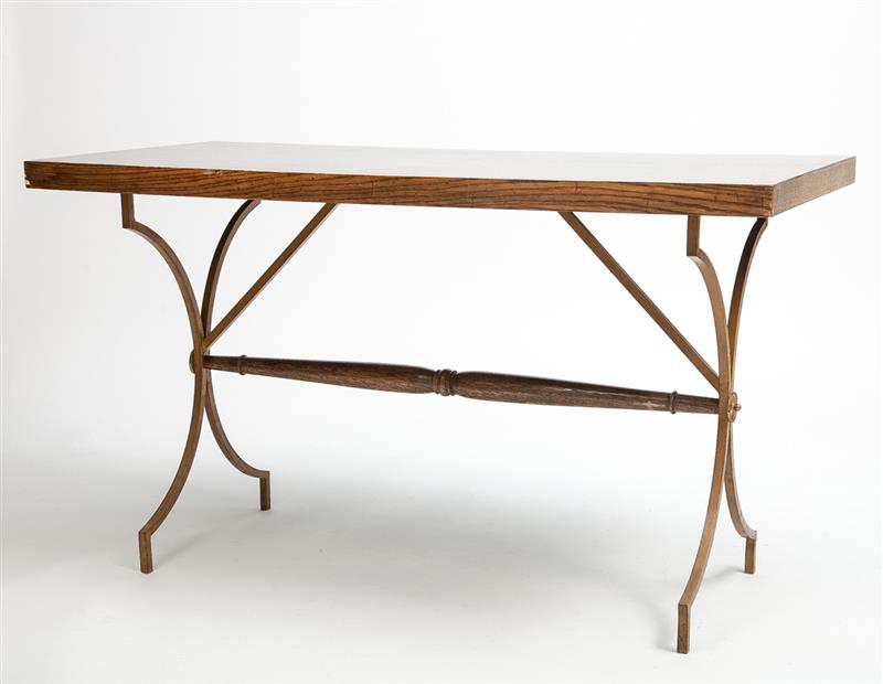 Appraisal: Directoire Style Wrought-Iron and Oak Trestle Table x x in