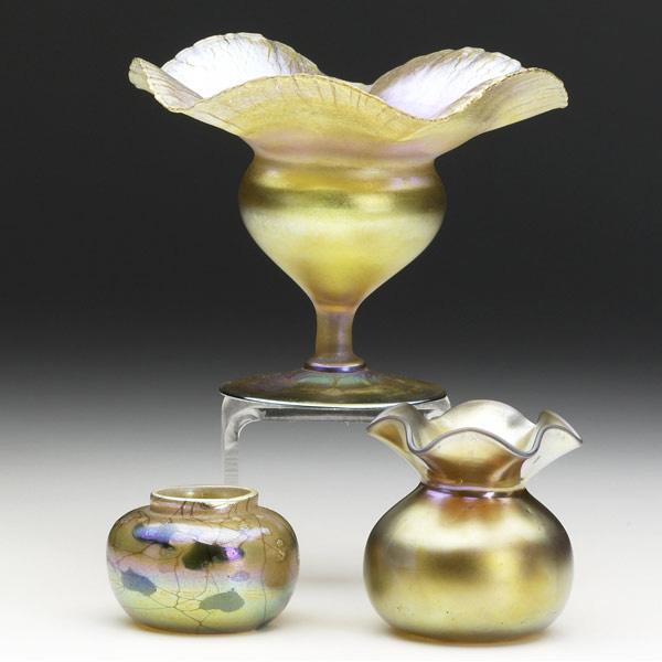 Appraisal: TIFFANY STUDIOS STEUBEN Three items gold Favrile floriform coupe inscribed