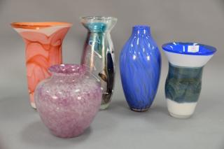 Appraisal: Five art glass vases one with Murano label having colorful