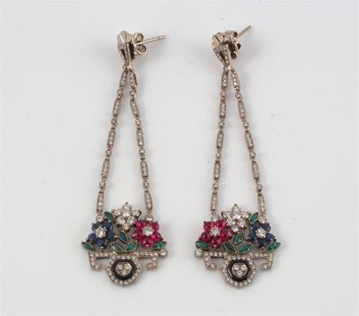 Appraisal: A pair of diamond and coloured stone giardinetto drop earrings