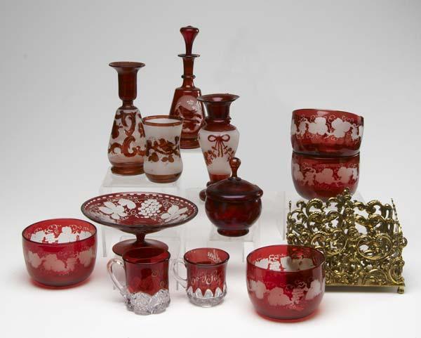 Appraisal: CRANBERRY GLASS Twelve pieces includes four deep dishes with acid-etched