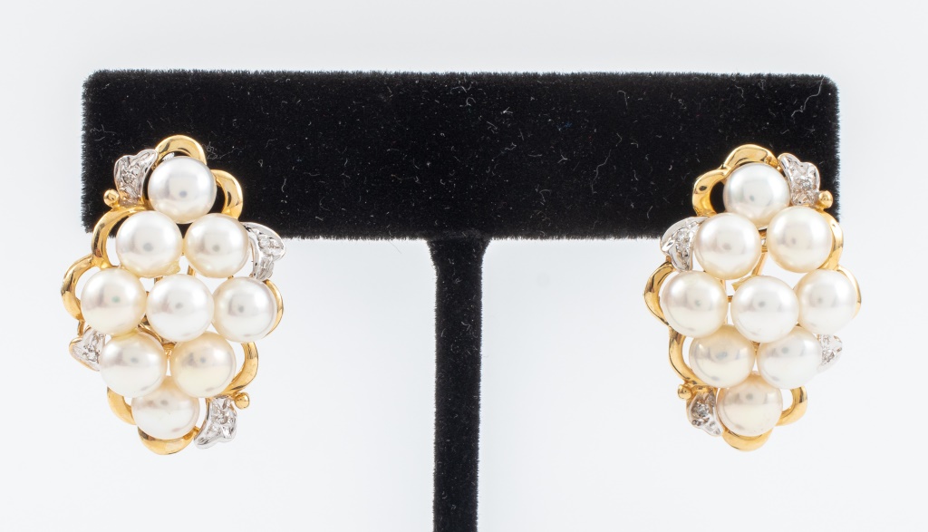 Appraisal: K YELLOW GOLD PEARL DIAMOND EARCLIPS Pair of K yellow