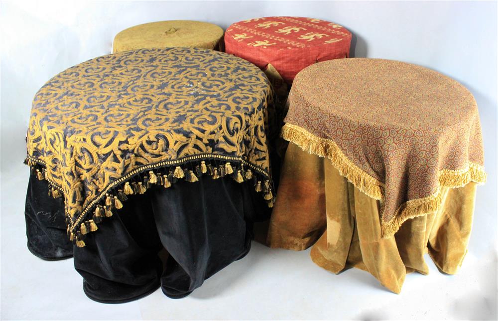 Appraisal: FOUR BESPOKE UPHOLSTERED PARTICLE BOARD TABLES WITH COORDINATING MATCHING PILLOWS