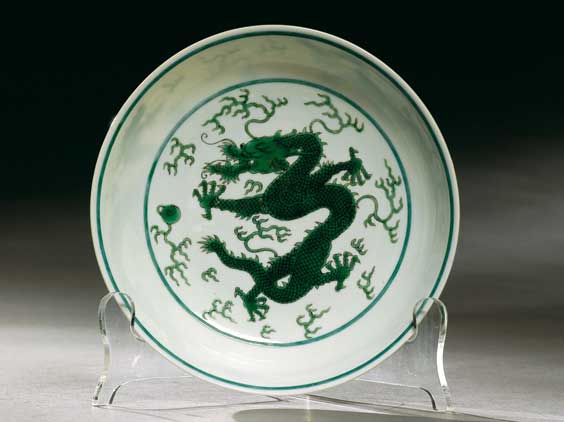 Appraisal: QIANLONG DRAGON DISH th Century Chinese green enameled porcelain dish