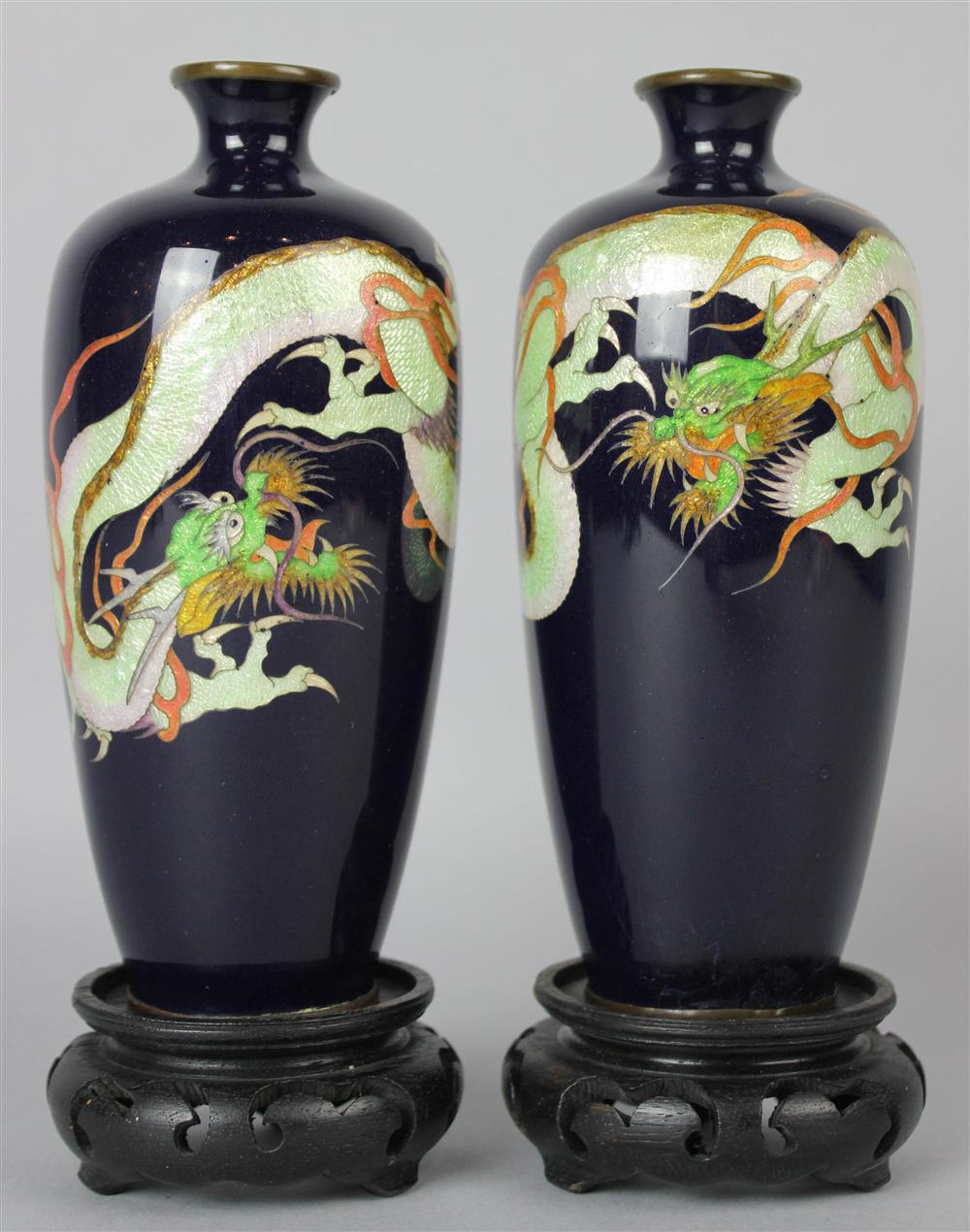 Appraisal: PAIR OF JAPANESE CLOISONNE ENAMEL VASES WITH DRAGON DECORATIONS of